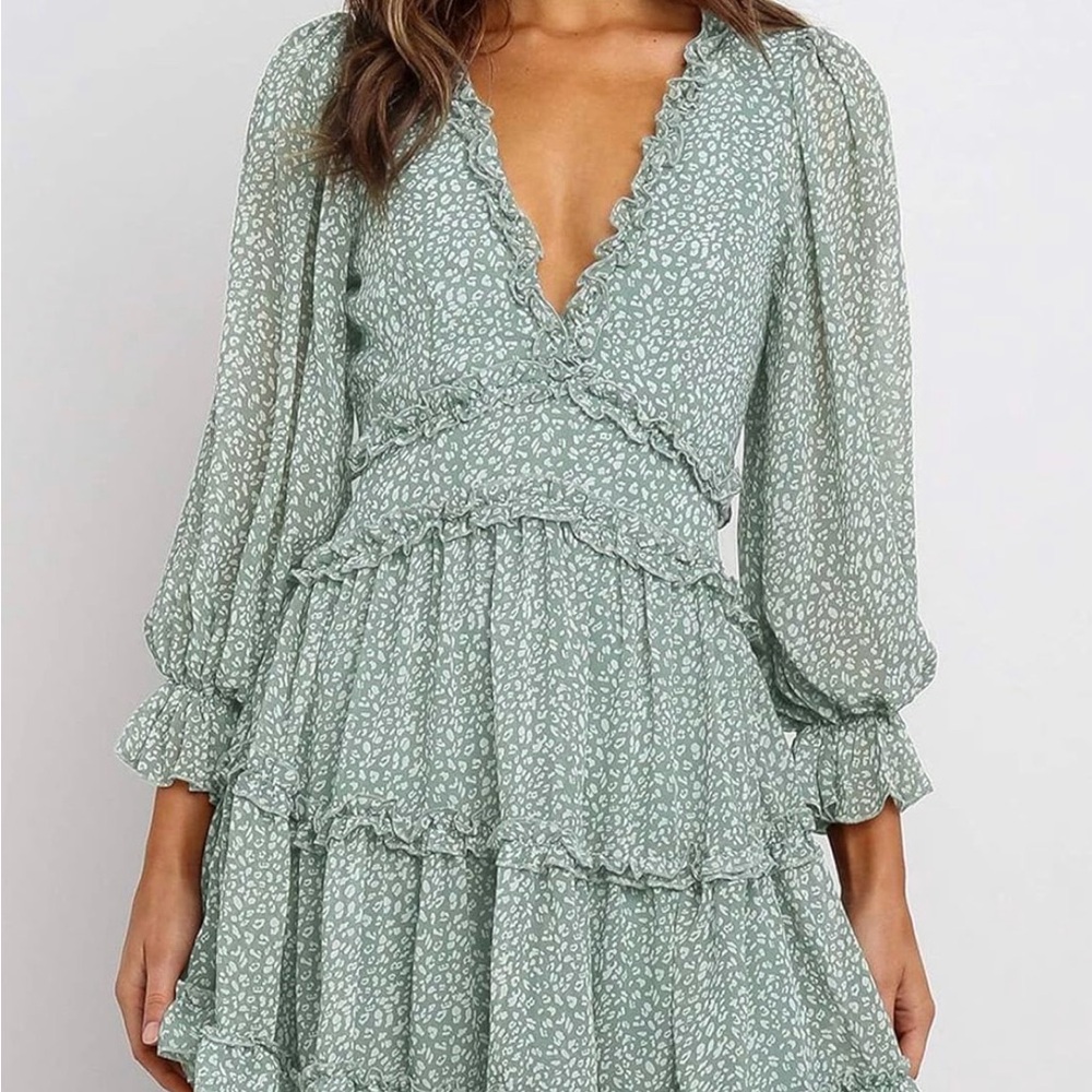 Sage Printed Ruffle Tiered V-Neck Mini Dress